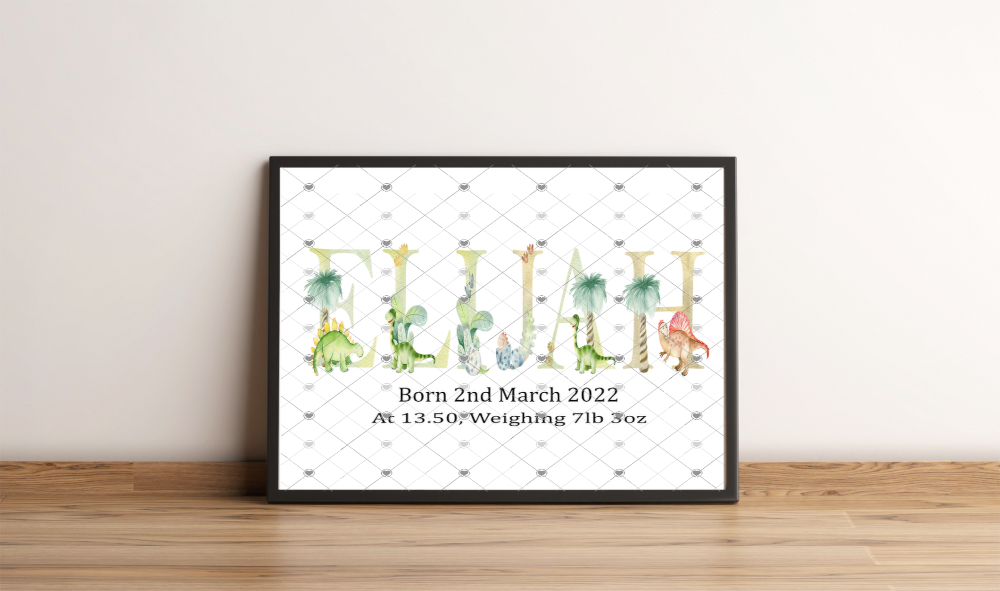 Dinosaur Initial Name Print, Birth Date Wall Art